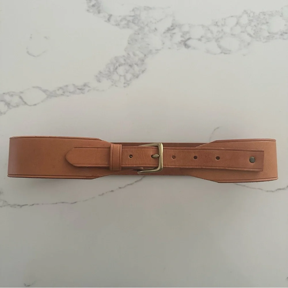 J. Crew Wide Leather Belt with Brass Buckle in Natural Tan Leather Size Small